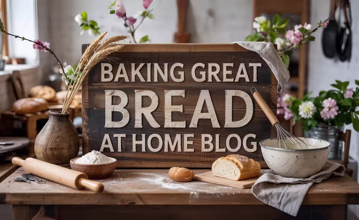 Baking Great Bread at Home Blog - rustic kitchen setup with fresh bread, baking tools, and ingredients