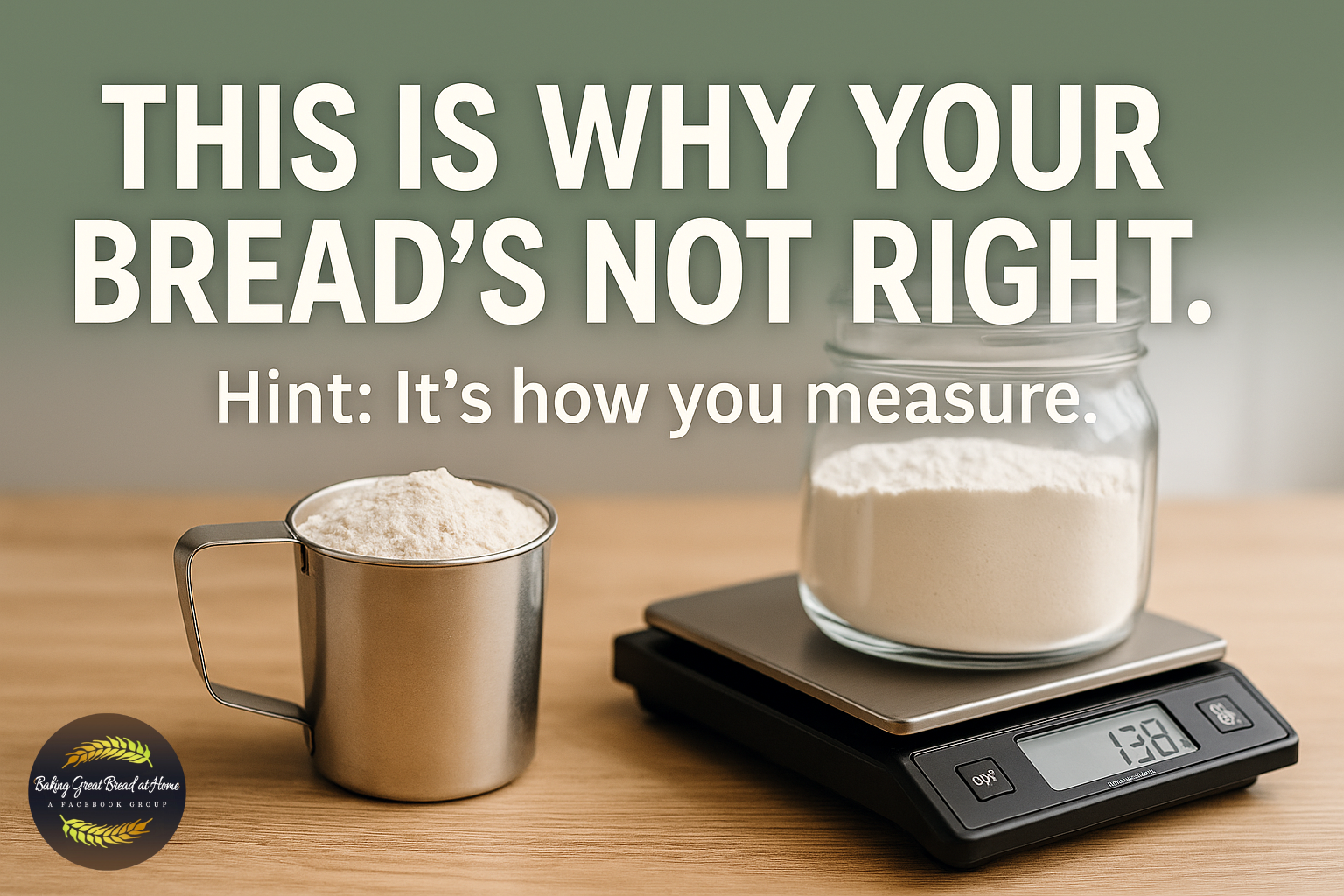 "A metal measuring cup and a jar of flour on a digital kitchen scale, with bold text reading 'This is why your bread’s not right. Hint: It's how you measure.'"