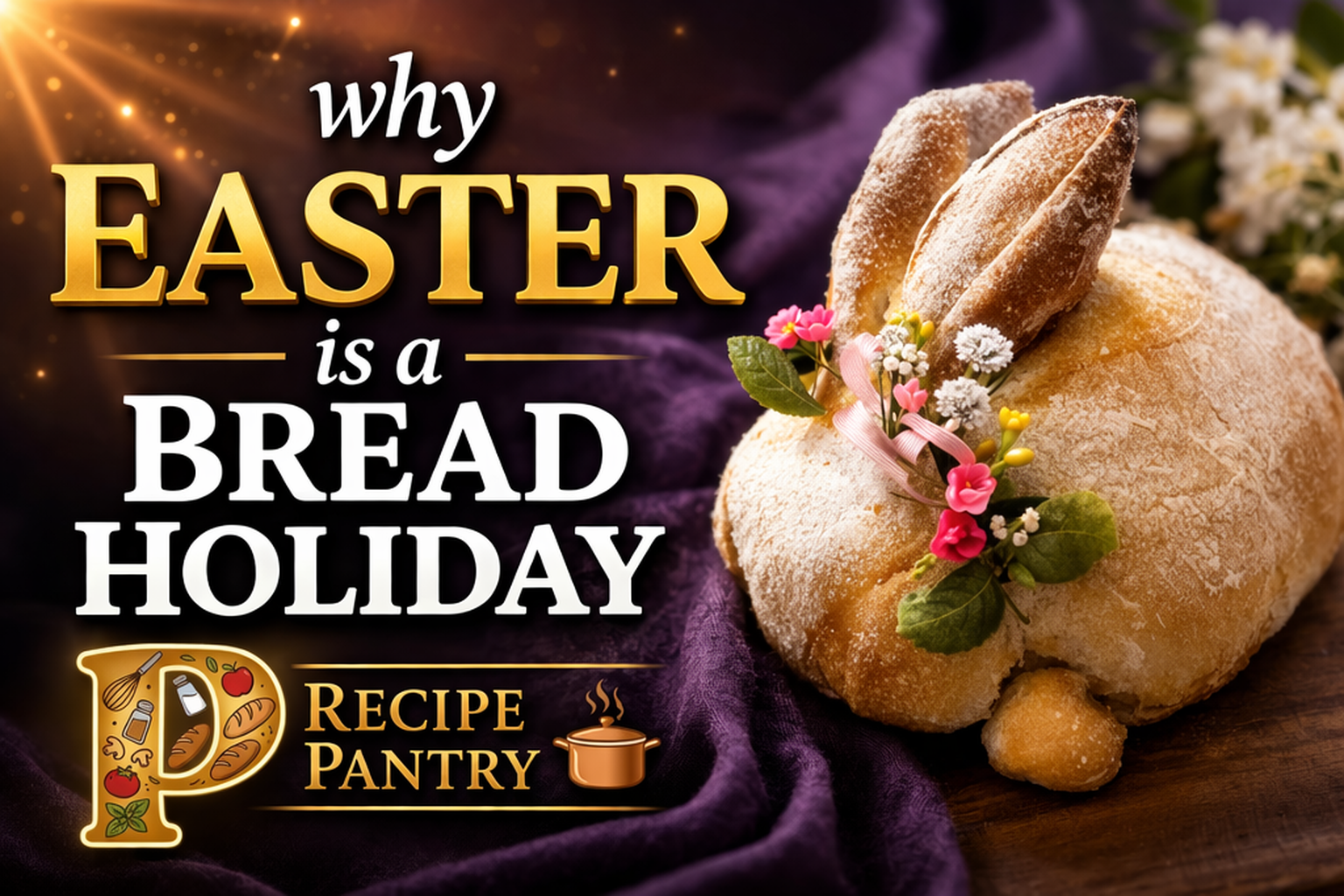 Easter-themed thumbnail featuring a bunny-shaped artisan bread with flowers, bold text reading “Why Easter is a Bread Holiday,” and the Recipe Pantry logo.