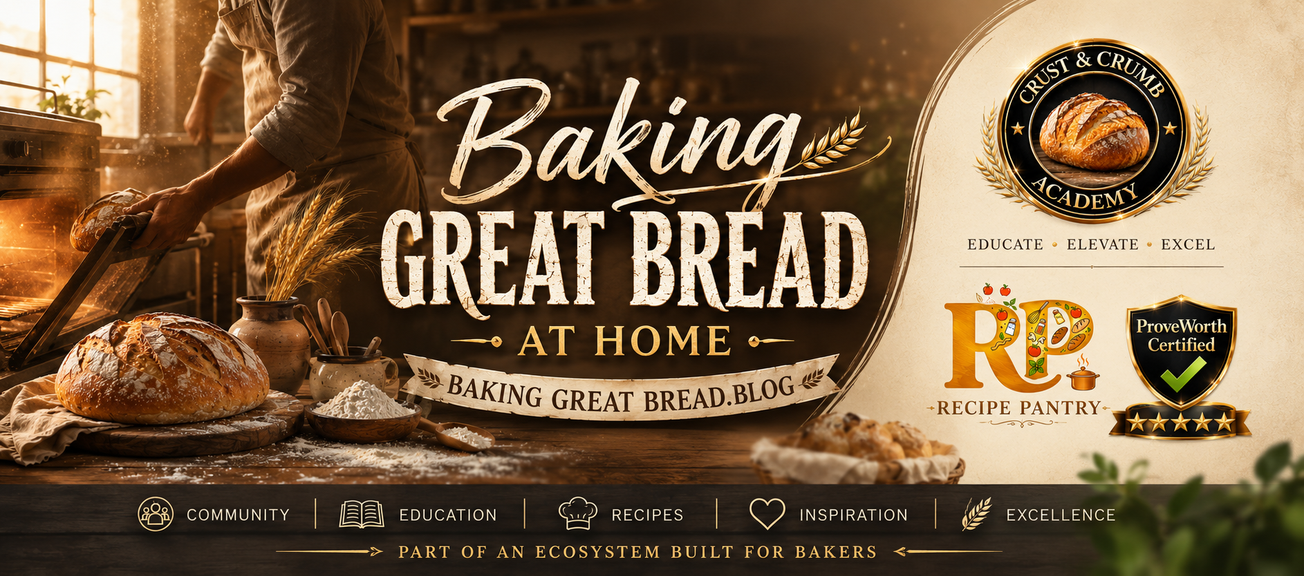 Baking Great Bread at Home banner with Henry pulling fresh bread from the oven, plus Crust and Crumb Academy, Recipe Pantry, and ProveWorth Certified badges