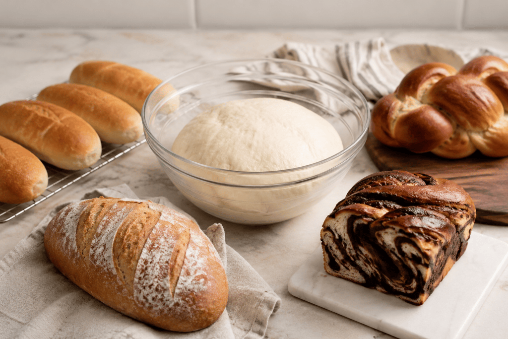 A bowl of risen bread dough surrounded by finished breads made from the same dough, including hoagie rolls, a rustic batard, a braided loaf, and a sliced babka on a kitchen countertop.