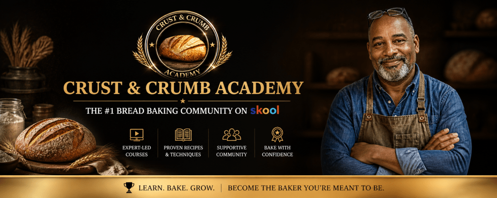Crust & Crumb Academy banner, the #1 bread baking community on Skool, inviting home bakers to learn, bake, and grow with expert-led courses and proven recipes