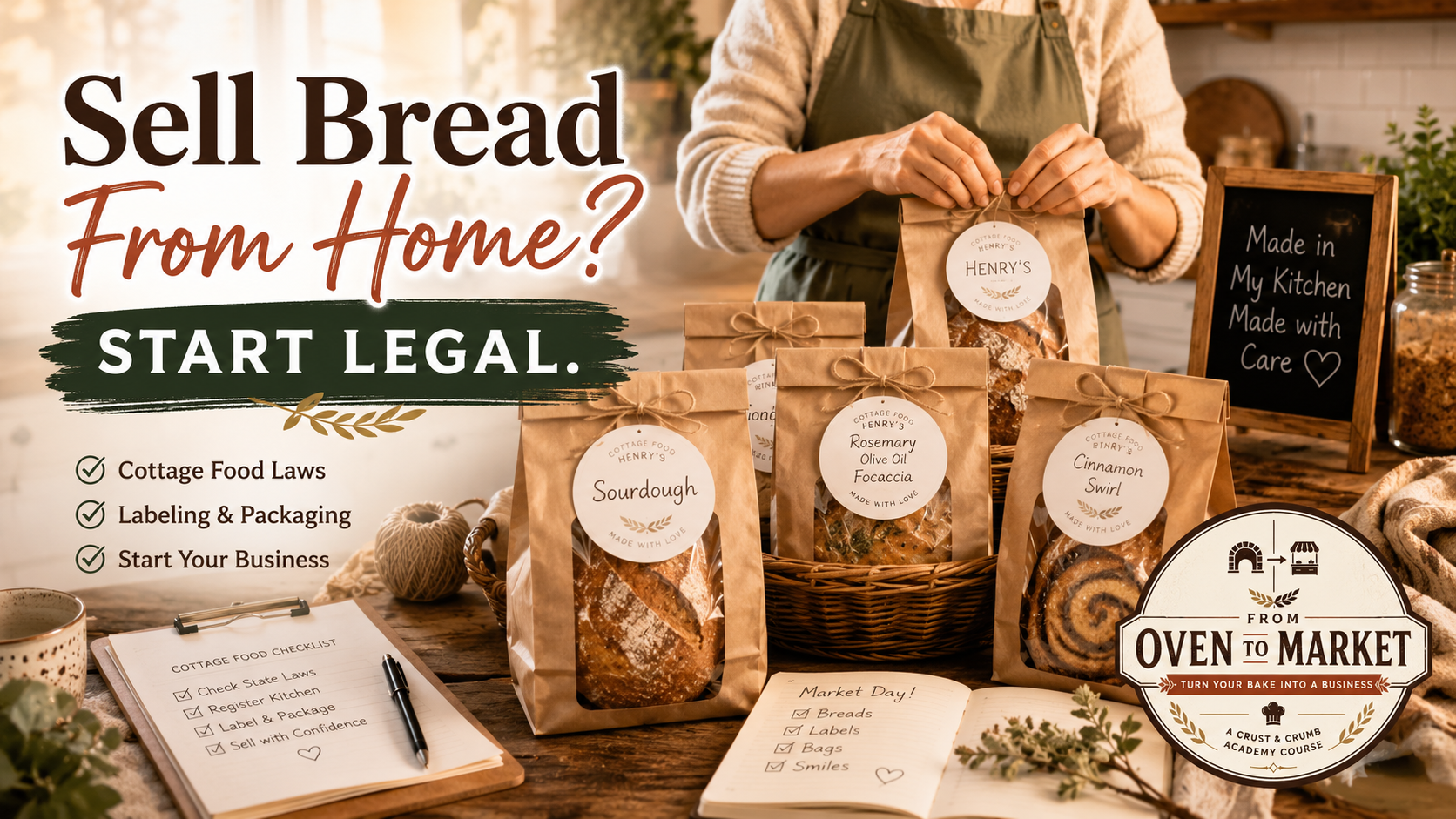 Packaged homemade bread loaves on a kitchen table with cottage food labels, a checklist, and a From Oven to Market course badge, illustrating how to legally sell bread from home.