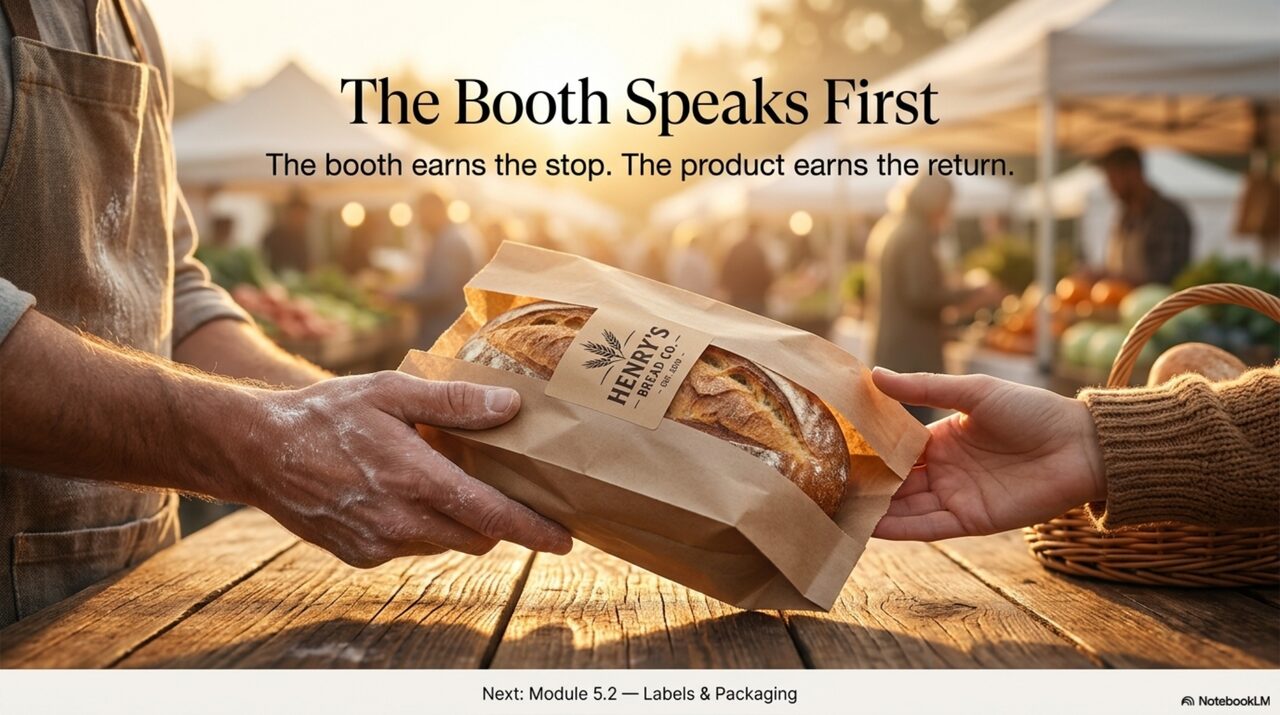 A baker handing a paper-wrapped sourdough loaf across a styled farmers market booth display at golden hour.